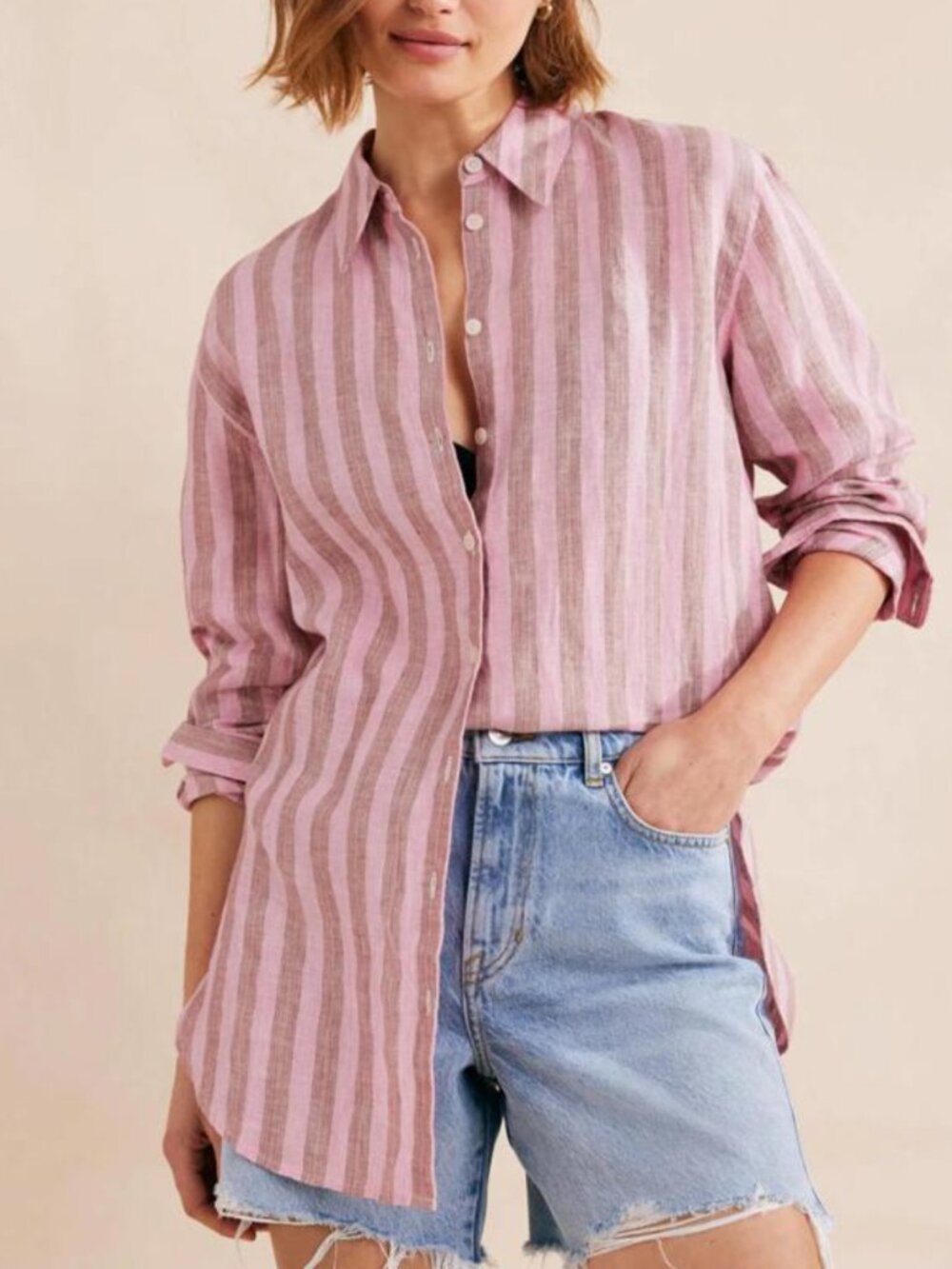 Boden Formica Pink Sparkle Stripe 100% Linen Button Down Shirt Size 4 Coastal